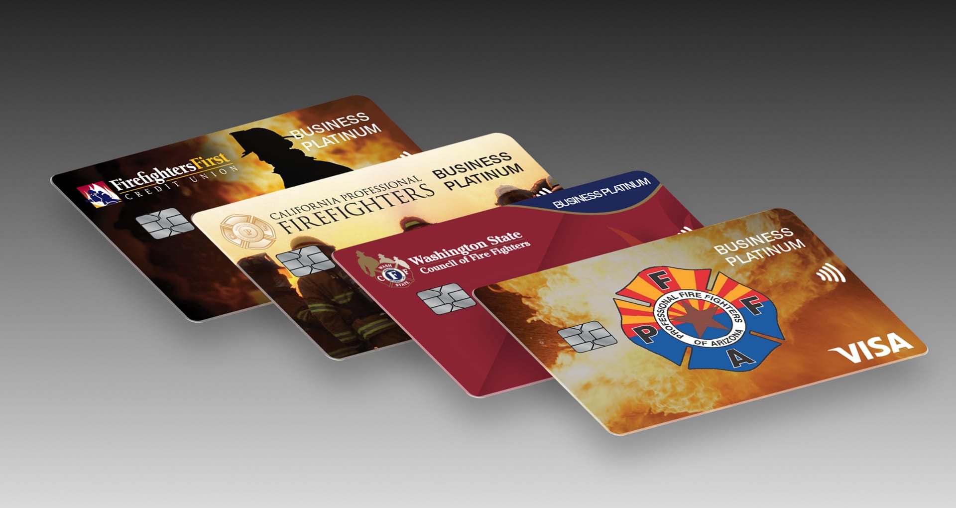 Four Firefighters First Credit Union Business credit cards over a grey background