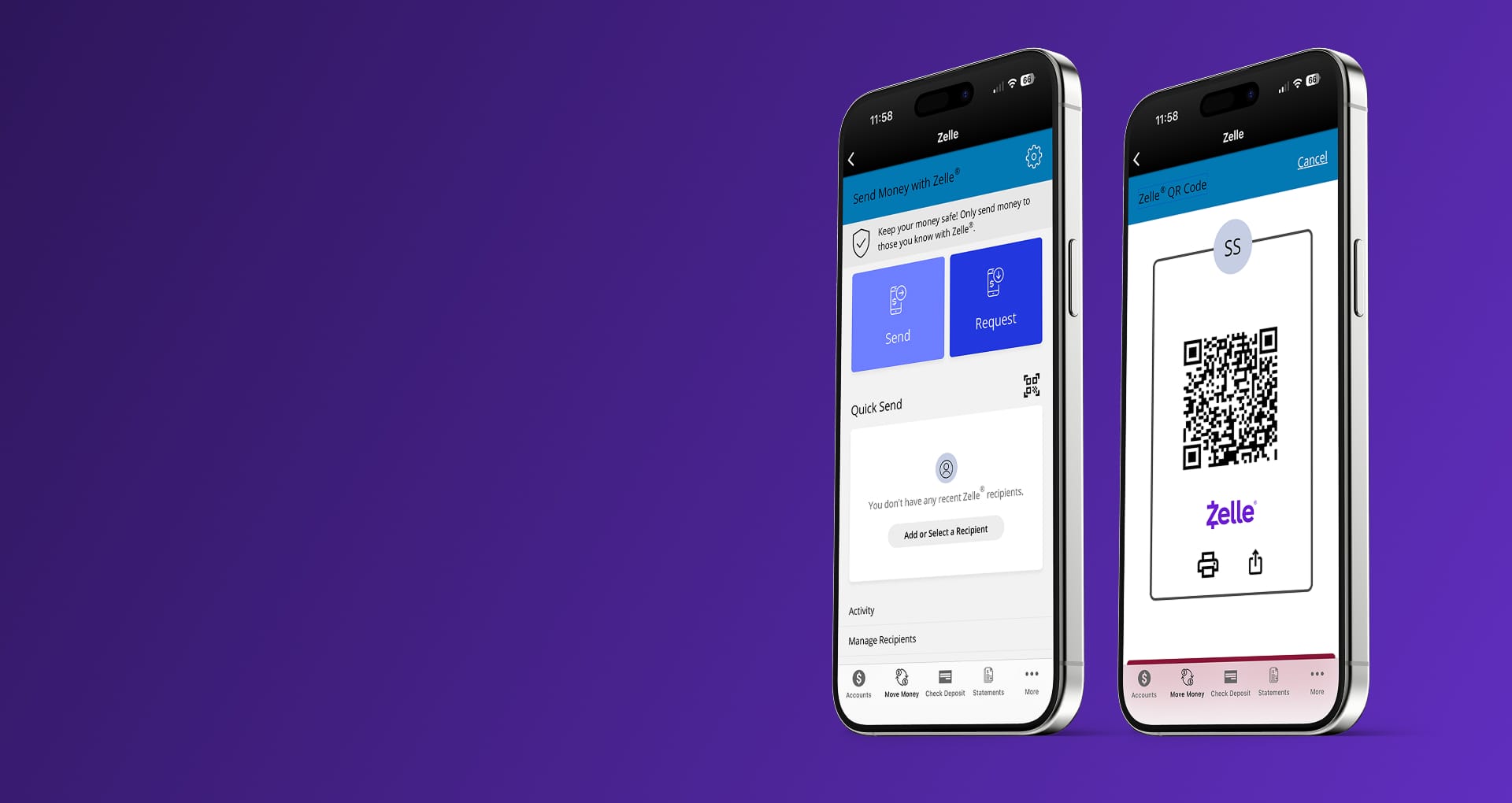 Two iPhones with Zelle screens. The first shows a Send or Request money screen, the second shows a users Zelle QR code.