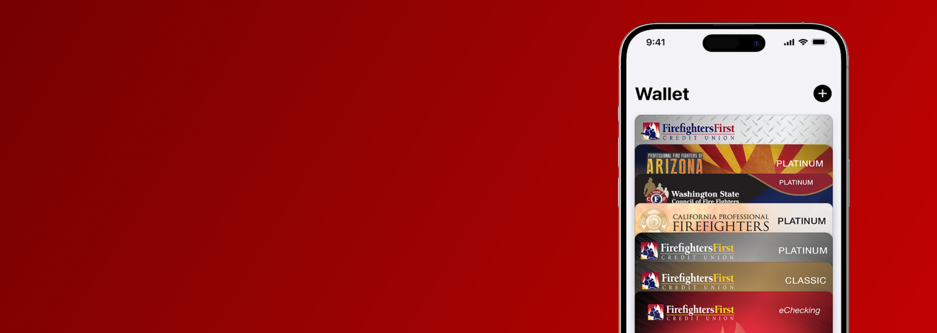 Mobile phone displaying FFCU Wallet screen with multiple credit union card options including Arizona, Washington State, and California Professional Firefighters Platinum cards