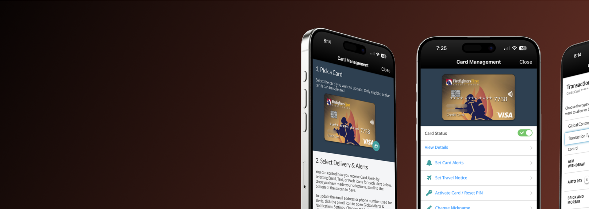 Two smartphones showing FFCU Card Management screens for picking a card, setting alerts, and viewing card controls