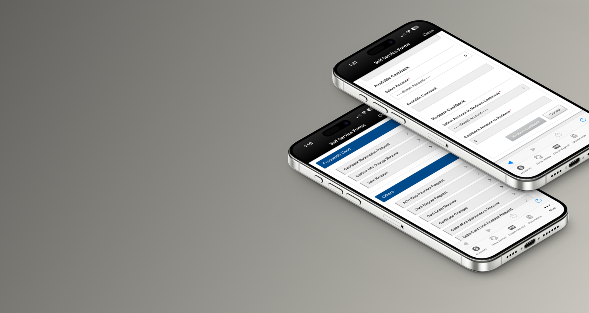Two smartphones showing FFCU mobile app Self Service Forms screens including cashback redemption and wire request options