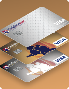 Three Firefighters First Credit Union Visa credit cards stacked vertically including Signature, Classic, and Platinum designs
