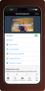 Smartphone showing FFCU Card Management screen with options to set card alerts, travel notice, activate card, and manage transaction controls
