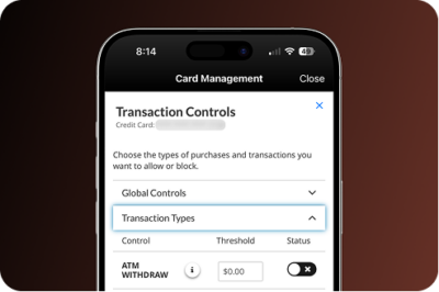Smartphone screen showing FFCU Card Management Transaction Controls with ATM withdrawal toggle and transaction type settings