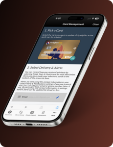 Smartphone showing FFCU Card Management screen with card selection and delivery and alerts setup steps
