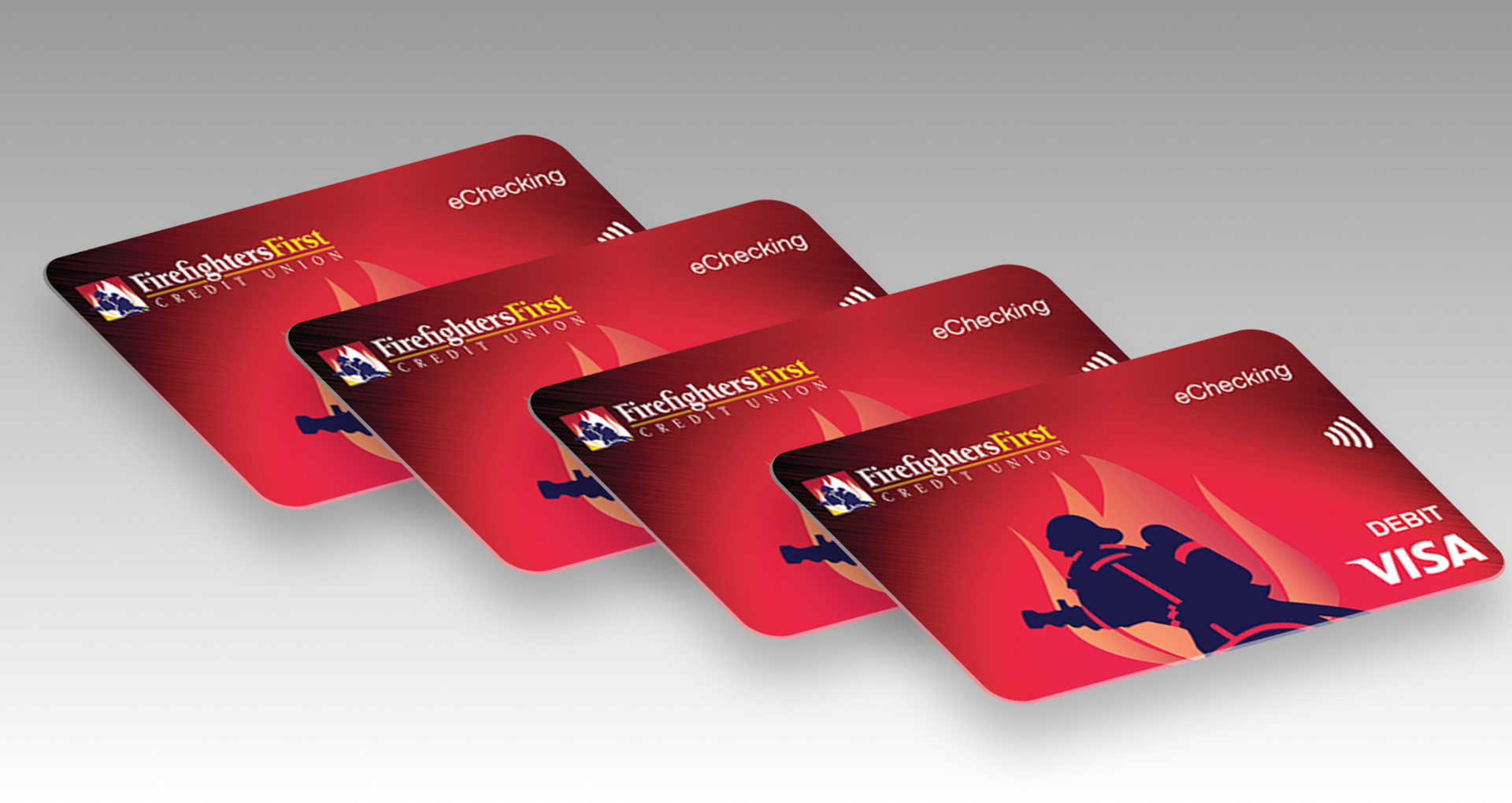 Four Firefighters First Credit Union eChecking Visa debit cards fanned out, featuring a firefighter silhouette on a red gradient background