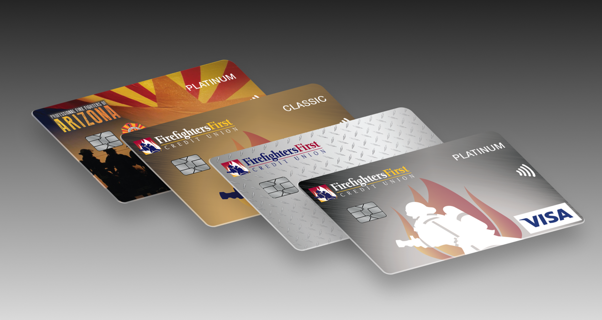 Four FFCU Visa credit cards fanned out including Arizona Platinum, Classic, and Platinum designs with firefighter and state-themed artwork