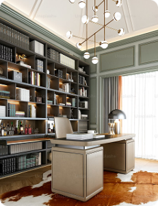 Home office with built-in bookshelves, a desk with a lamp, and organized decor, set against paneled green walls.