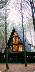 A-frame cabin with large glass windows glows warmly among tall pine trees in a wooded setting.