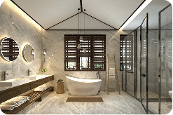 Modern bathroom with a freestanding tub, glass-walled shower, and wood vanity, featuring stone-textured walls and warm lighting.
