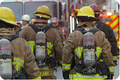 Group of firefighters in full gear walking away from the camera along a street lined with emergency vehicles.