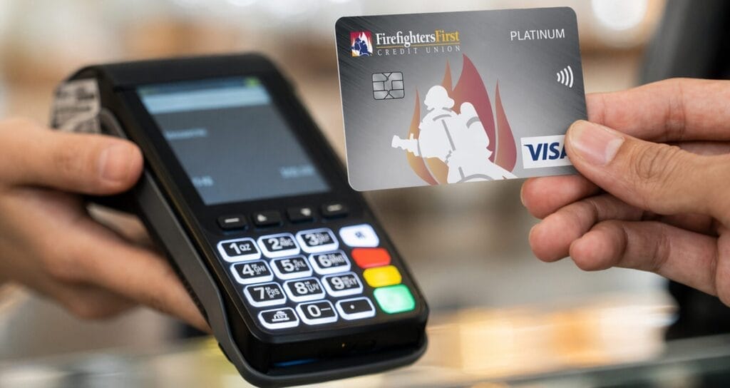 Hand holding a Firefighters First Credit Union Platinum Visa credit card toward a payment terminal