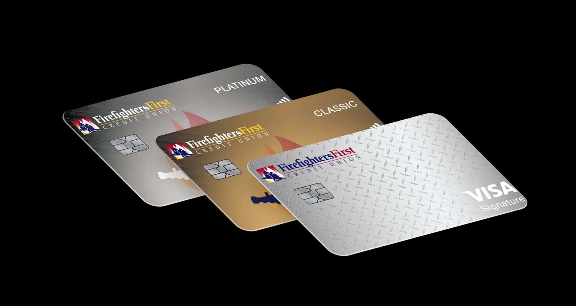 Three Firefighters First Credit Union Visa credit cards including Platinum, Classic, and Visa Signature designs fanned on a dark background