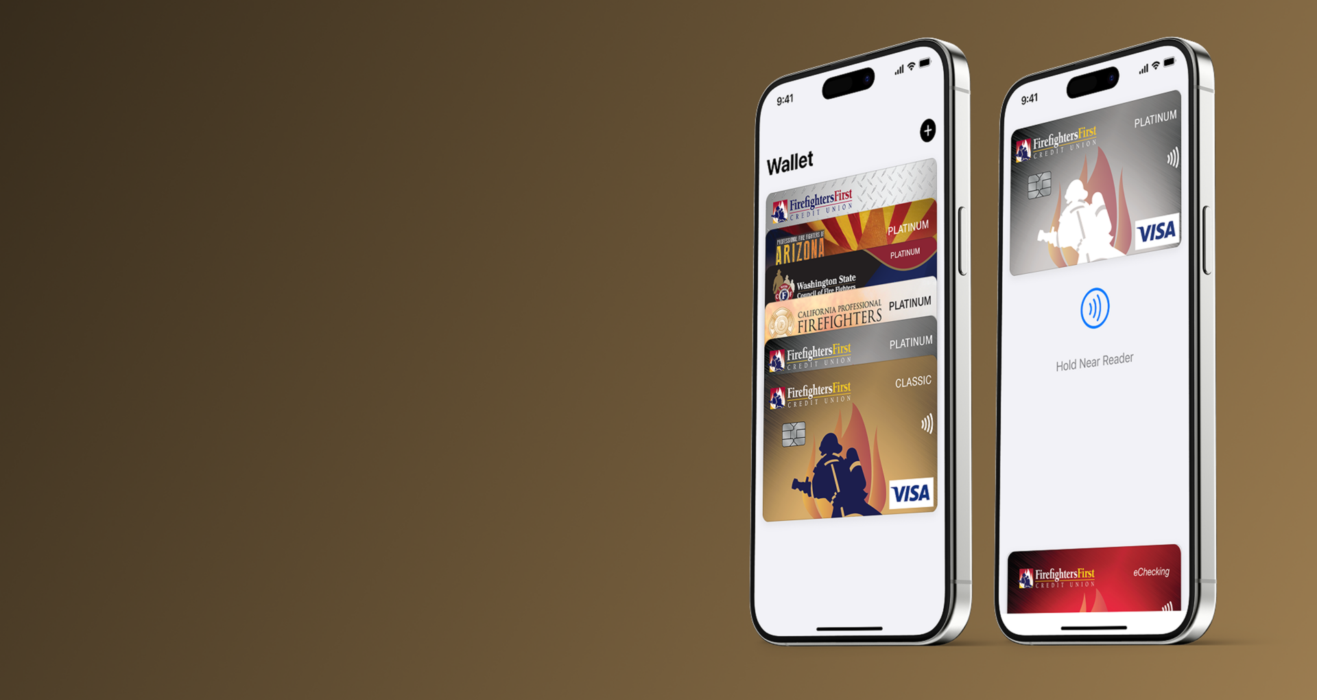 Two smartphones showing FFCU digital wallet card list and tap-to-pay screen with a Platinum Visa card ready for contactless payment