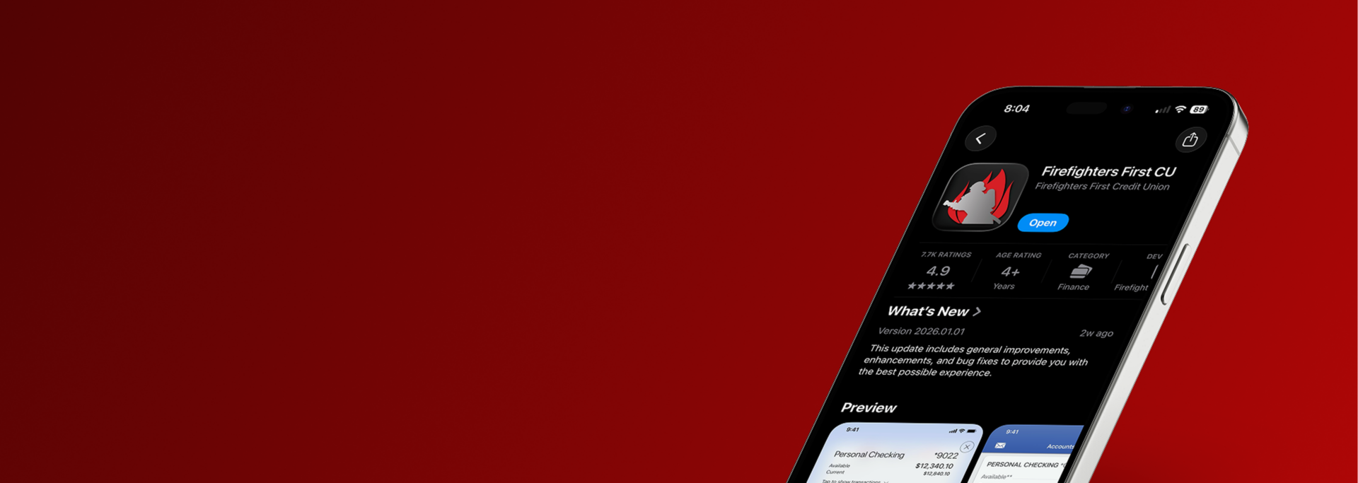 Firefighters First Credit Union mobile app listing in the App Store shown on a smartphone against a dark red background