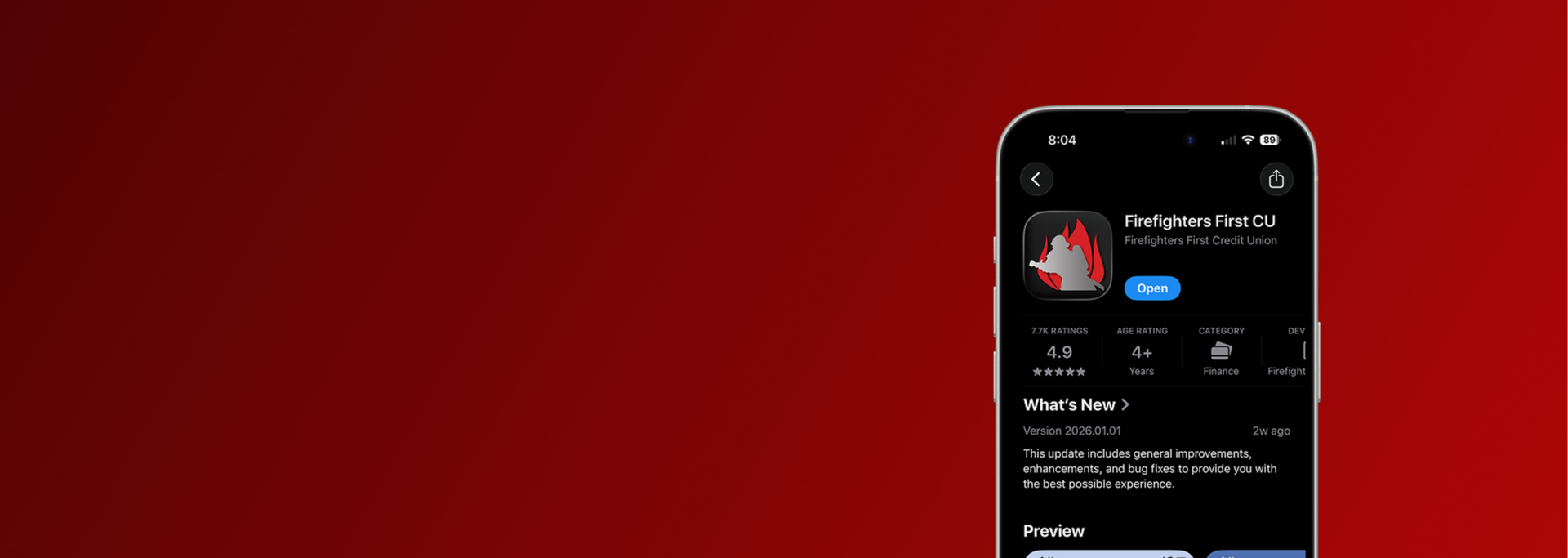 Firefighters First Credit Union mobile app listing in the App Store shown on a smartphone against a dark red background
