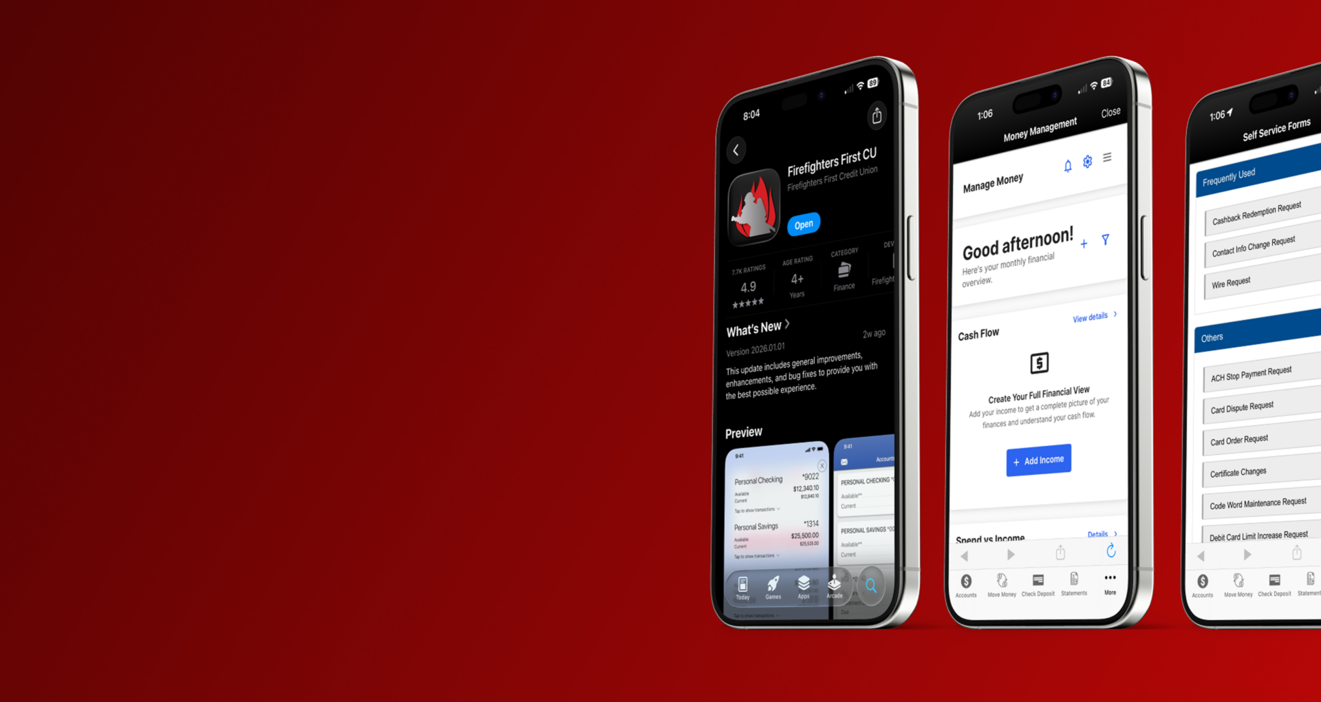 Three smartphones showing the Firefighters First Credit Union app store listing, money management dashboard, and self service forms menu