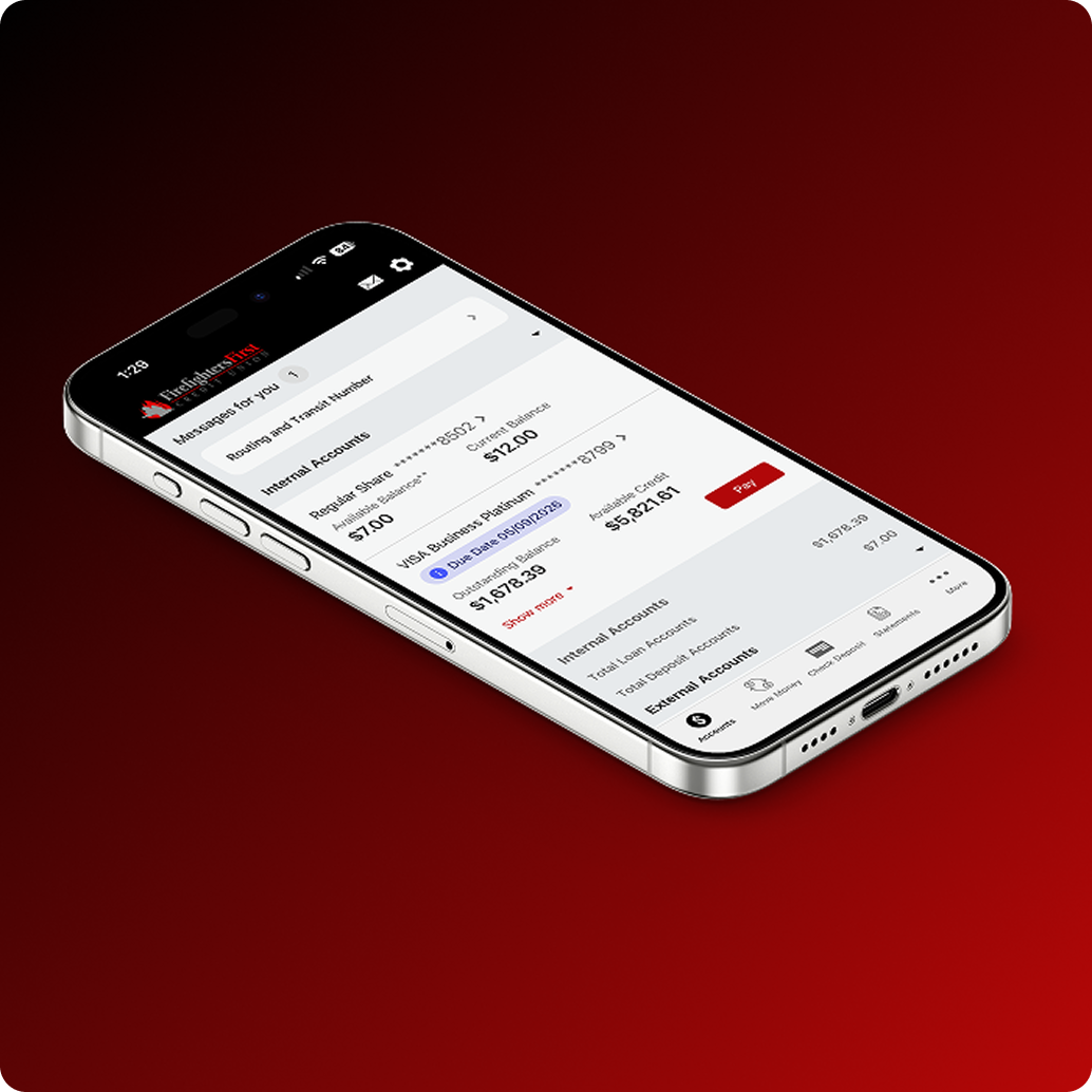 FFCU mobile banking app account summary screen showing a Regular Share account and Visa Business Platinum card balances