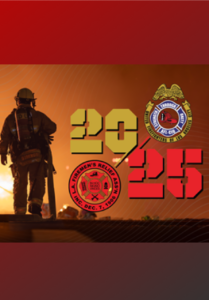 2025 LAFD firefighter calendar cover featuring a firefighter silhouetted against a fire scene with union organization seals
