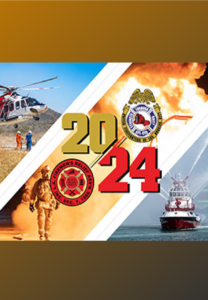 2024 LAFD firefighter calendar cover featuring fire, rescue helicopter, fireboat, and firefighter scenes with union organization seals
