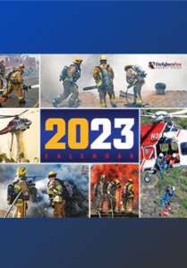 2023 Firefighters First Credit Union calendar cover featuring firefighters and rescue helicopters in action