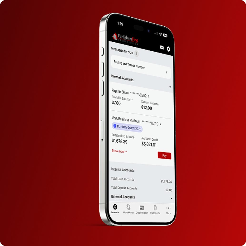 Firefighters First Credit Union mobile banking app showing account balances for a Regular Share account and a Visa Business Platinum card