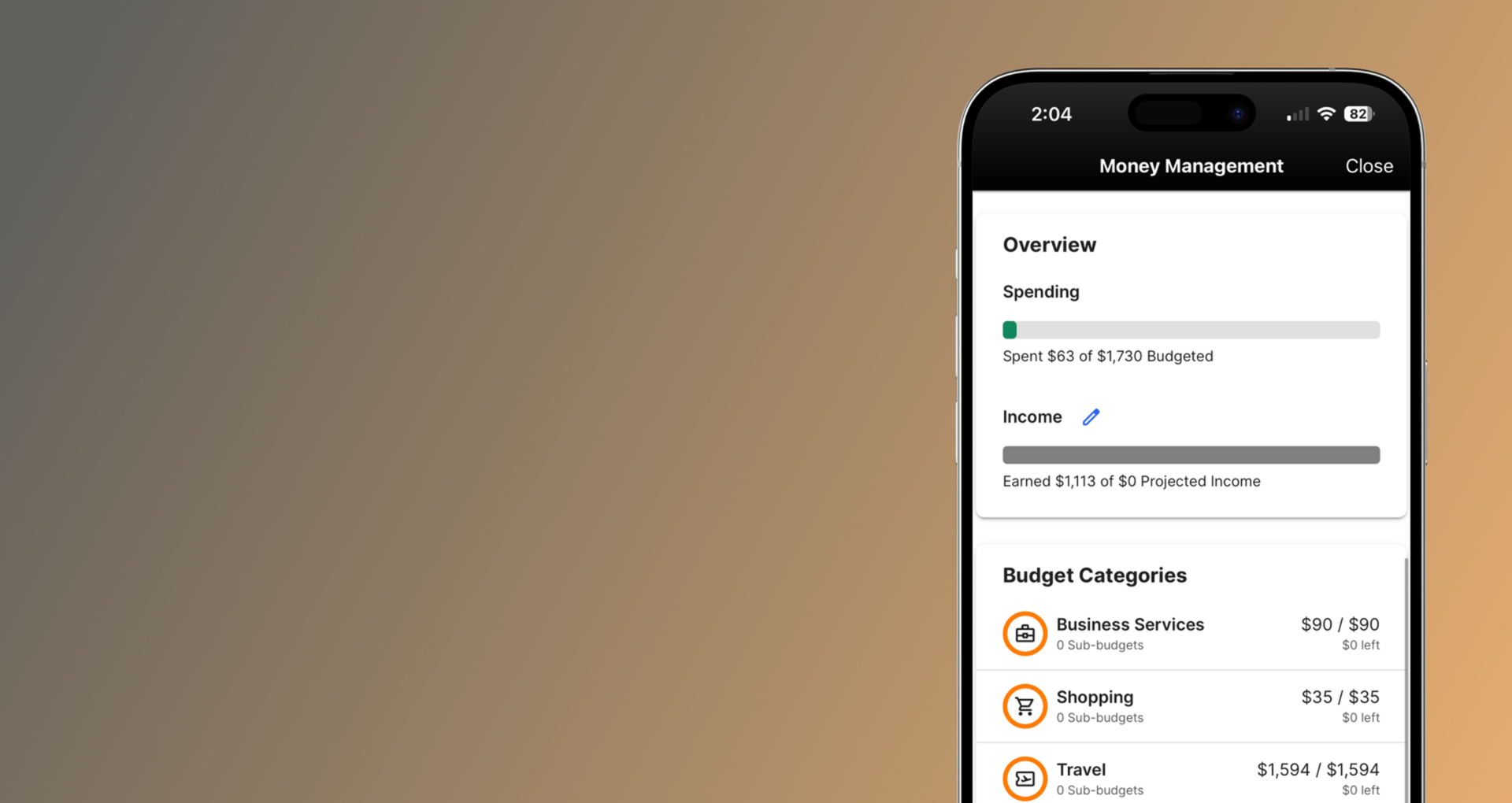 FFCU Money Management tool showing a budget overview with spending progress and categories including Business Services, Shopping, and Travel