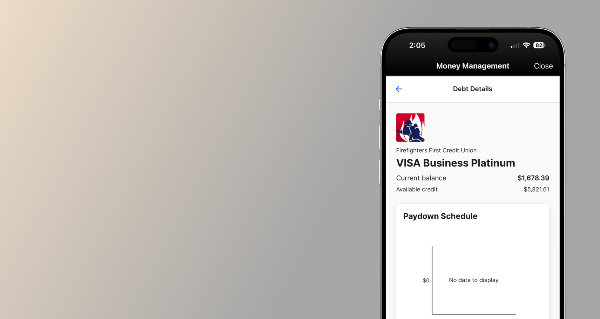 FFCU Money Management tool showing Visa Business Platinum debt details with current balance and paydown schedule