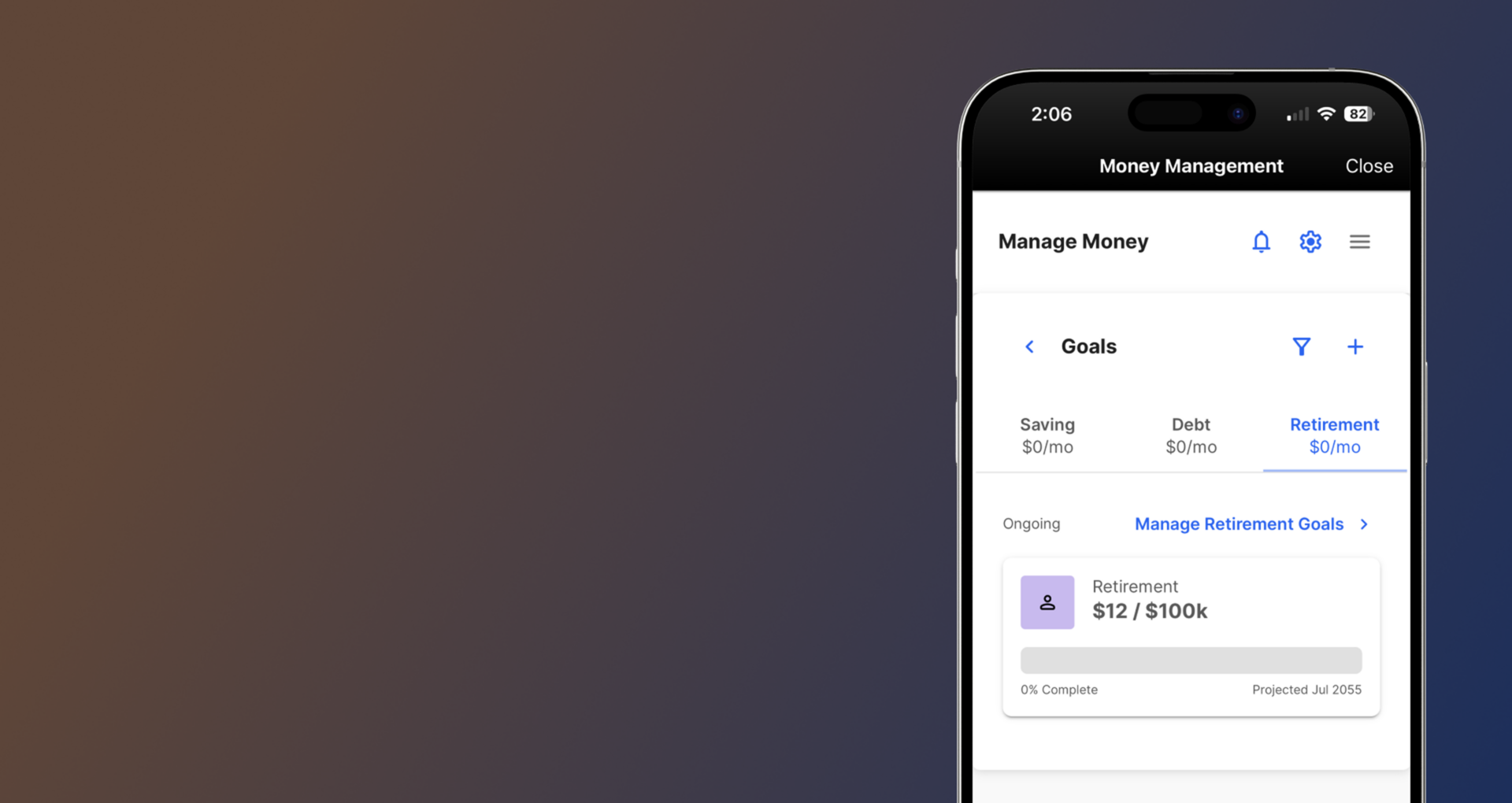 FFCU Money Management tool showing retirement goal progress toward a $100k target projected for July 2055