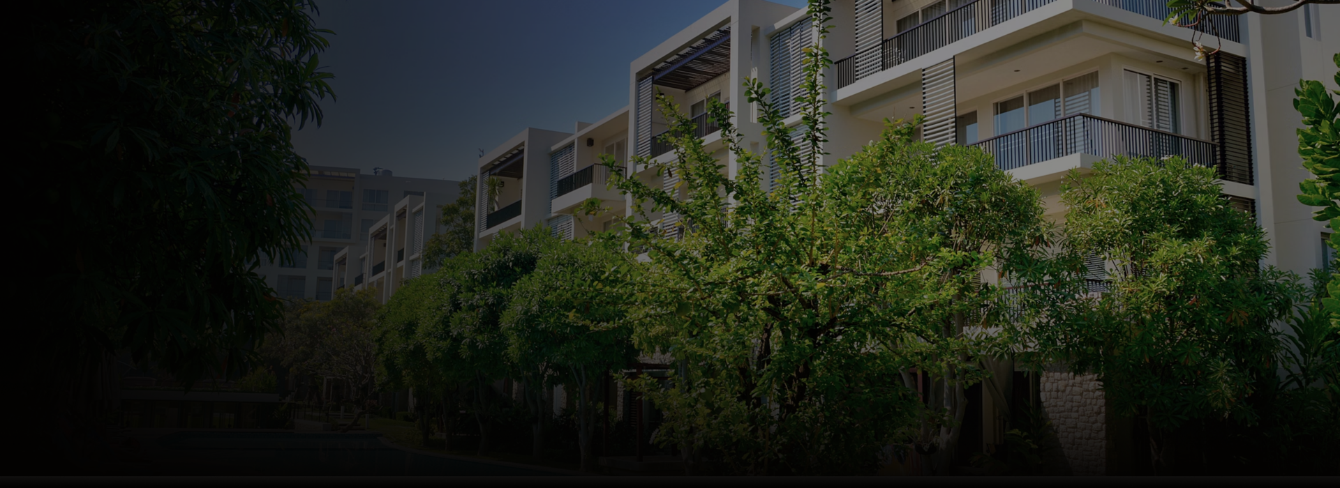 Tall white apartment buildings with trees in front.