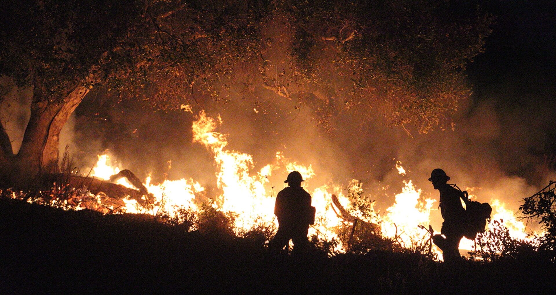 Two firefighter silhouettes standing before a large wildfire burning through brush and trees at night
