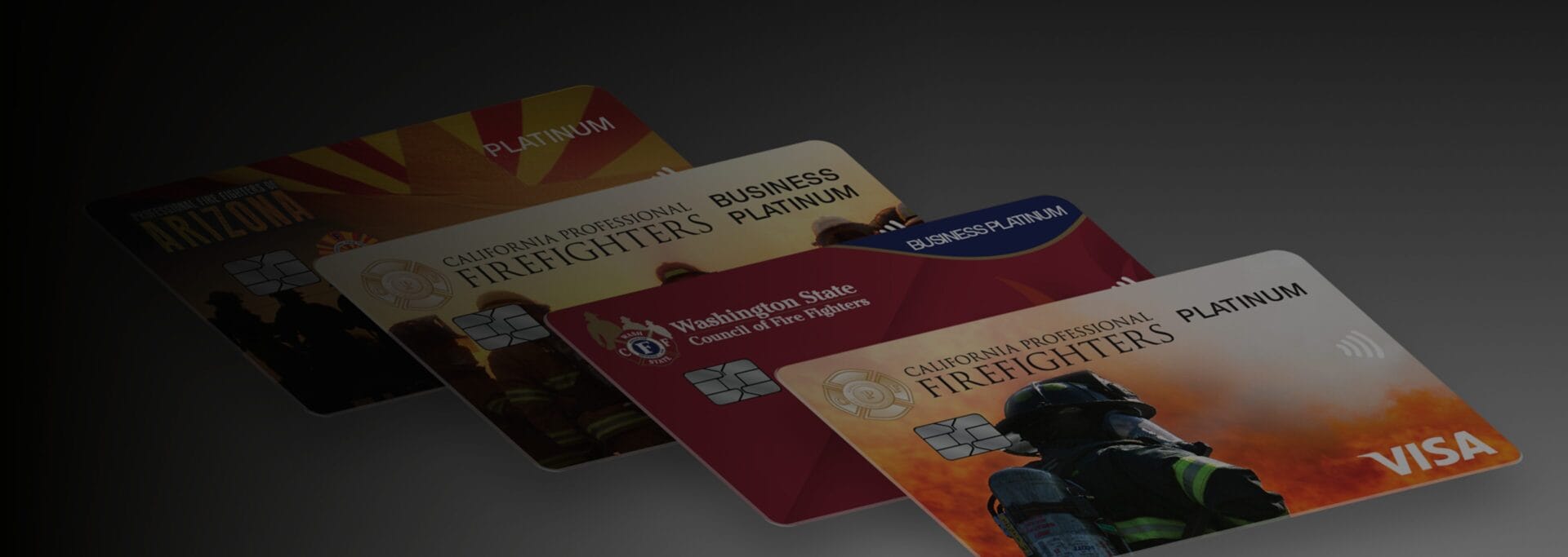 Different Firefighters First Credit Union credit cards fanned out and laying flat on top of each other.