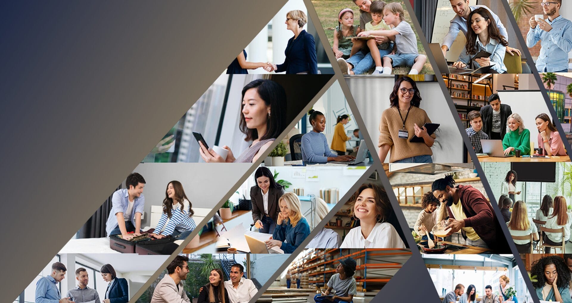Collage of diverse people in professional and everyday settings arranged in a geometric triangular pattern