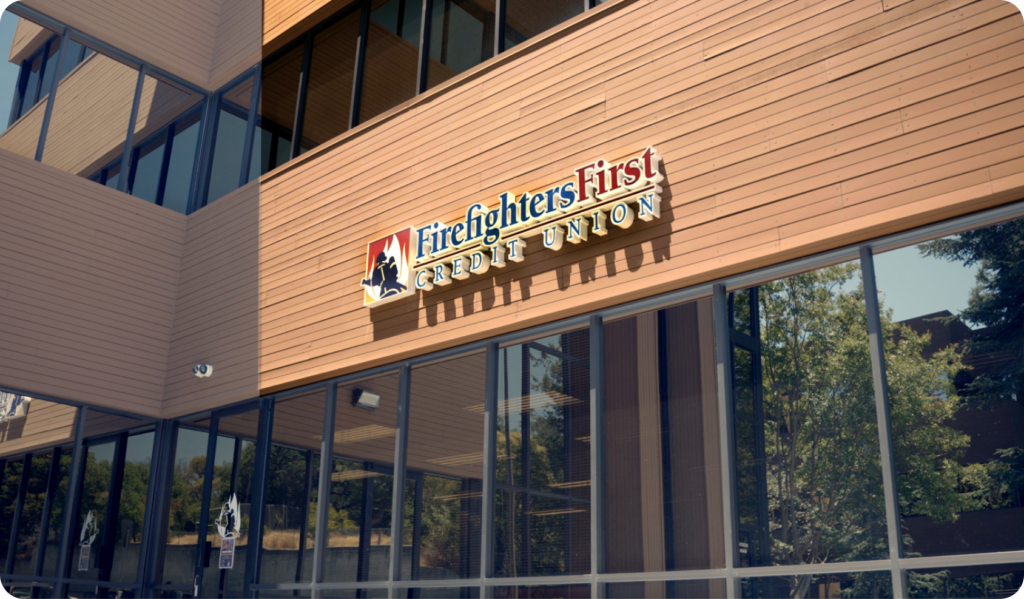 Exterior Building and branch with Firefighters First Logo