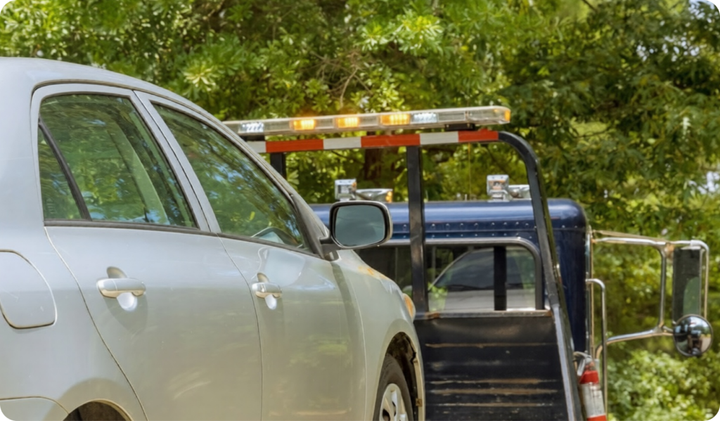 Silver car being towed