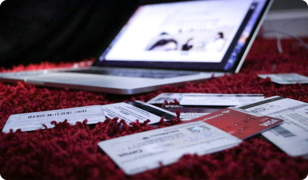 Laptop with credit cards and debit cards
