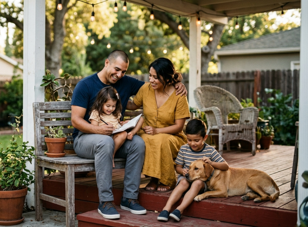 Family having a backyard dinner outside their home.