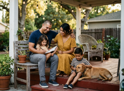 Family having a backyard dinner outside their home.